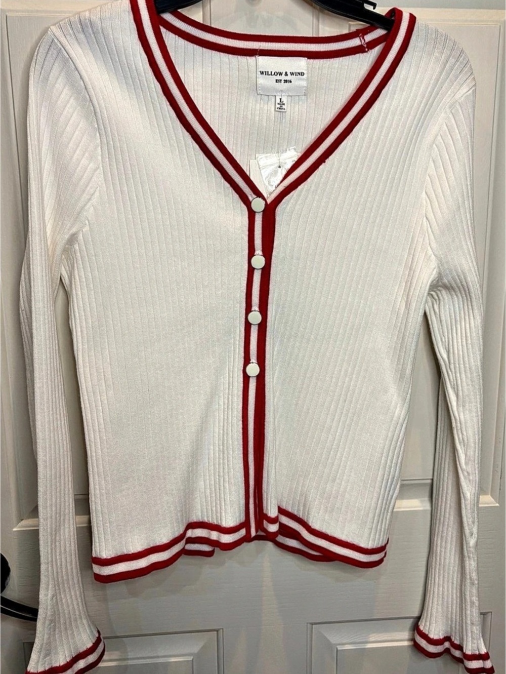 Willow & Wind Ribbed Cardigan in White & Red Size Large NWT